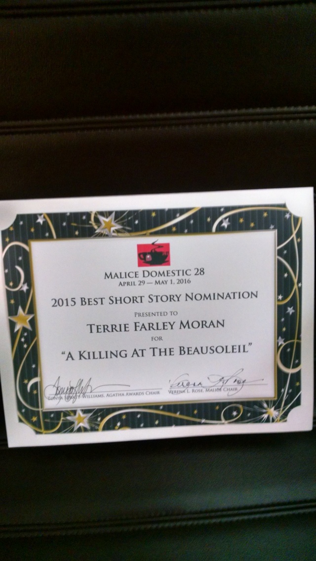 Agatha nomination certificate. (Photo courtesy Terrie Farley Moran)