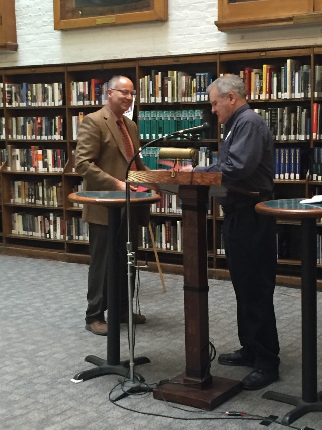 Dell Magazines' Peter Kanter presents Lou Manfredo with EQMM Readers Award certificate